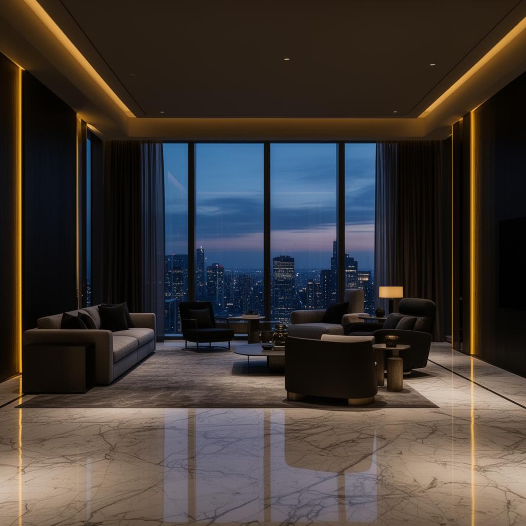 Luxury apartment interior overlooking the city skyline